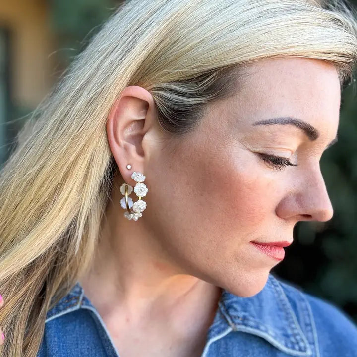 Hoop Earrings - Small - Gold-Plated W/Pearl Flowers - Amelia